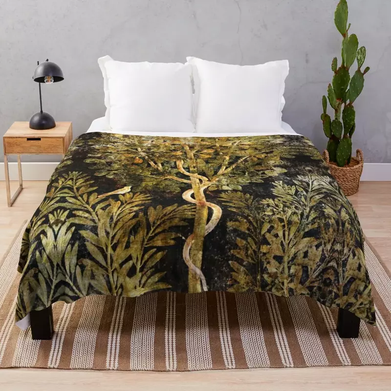 Antyczne obrazy ROMANWALL, wąż w drzewie figowym i ptak, czarny zielona w kwiaty rzuca koc na łóżko przykrywa koce sofy