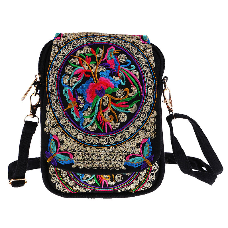 Women Shoulder Bag Travel Pouch Vintage Floral Embroidered Crossbody Zip Bag Embroidered Mobile Phone Bag Wallet