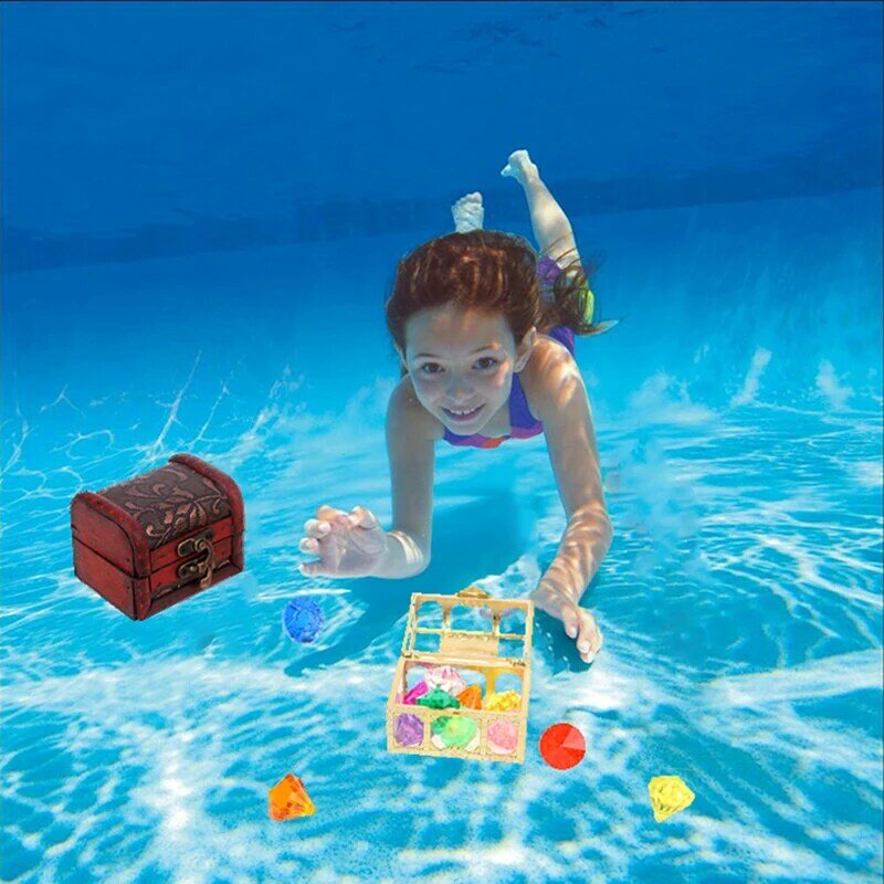 Juguete de piscina de gemas de buceo, 10 diamantes coloridos grandes con caja pirata del Tesoro, natación