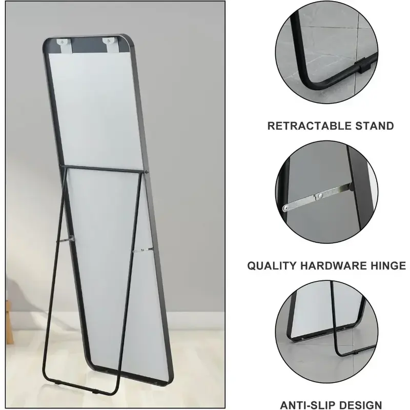 Espejo grande de longitud completa con soporte, espejo de pared, espejo de cuerpo, colgante de pie o esquina de marco de aleación de aluminio