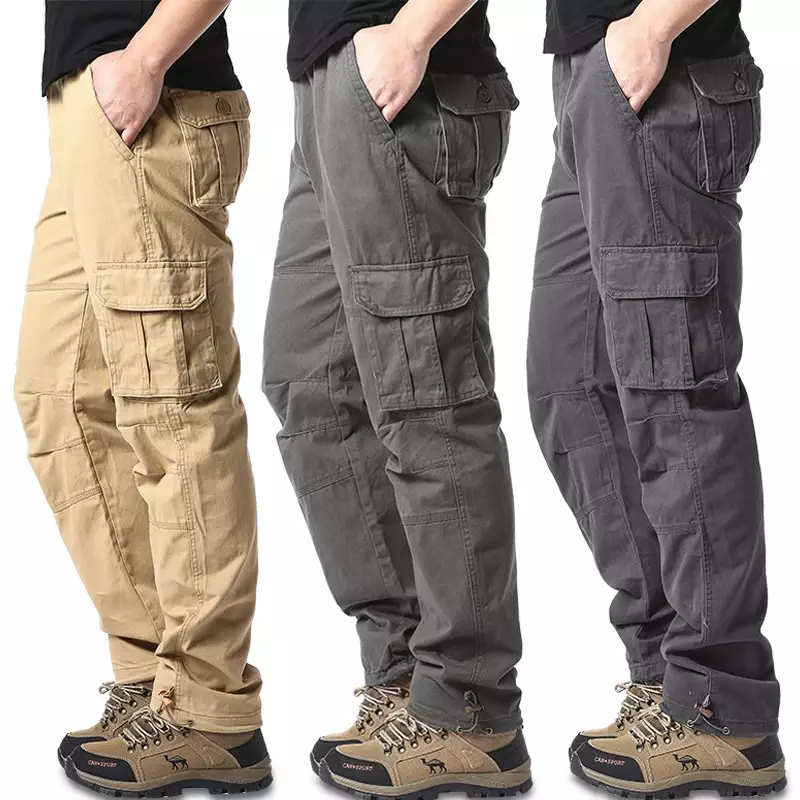 2024 Large Pocket Loose Overalls Men's Outdoor Sports Jogging Tactical Pants Elastic Waist Pure Cotton Casual Work Pants