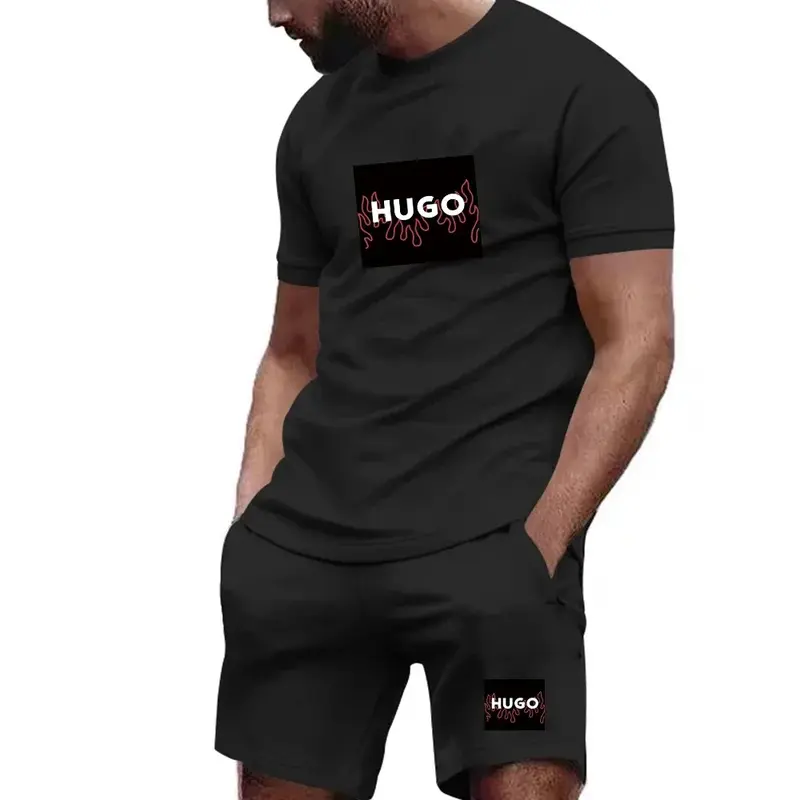 Hugo-Fato de treino masculino manga curta, conjunto esportivo, fitness casual, moda jogging, camiseta, shorts, conjuntos de duas peças, roupas de verão