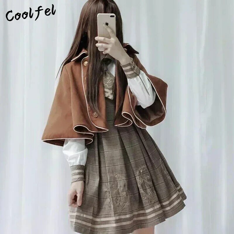 COALFELL Japanese Women Vintage Lolita Dress College Style Neck Tie Long Sleeve Pleated Dresses And Woolen Cloak Military style