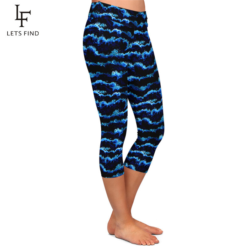 LETSFIND 2020 New Arrival Waves Printing Women Leggings High Waist  Fitness Soft Slim Elastic Capri Leggings for Summer