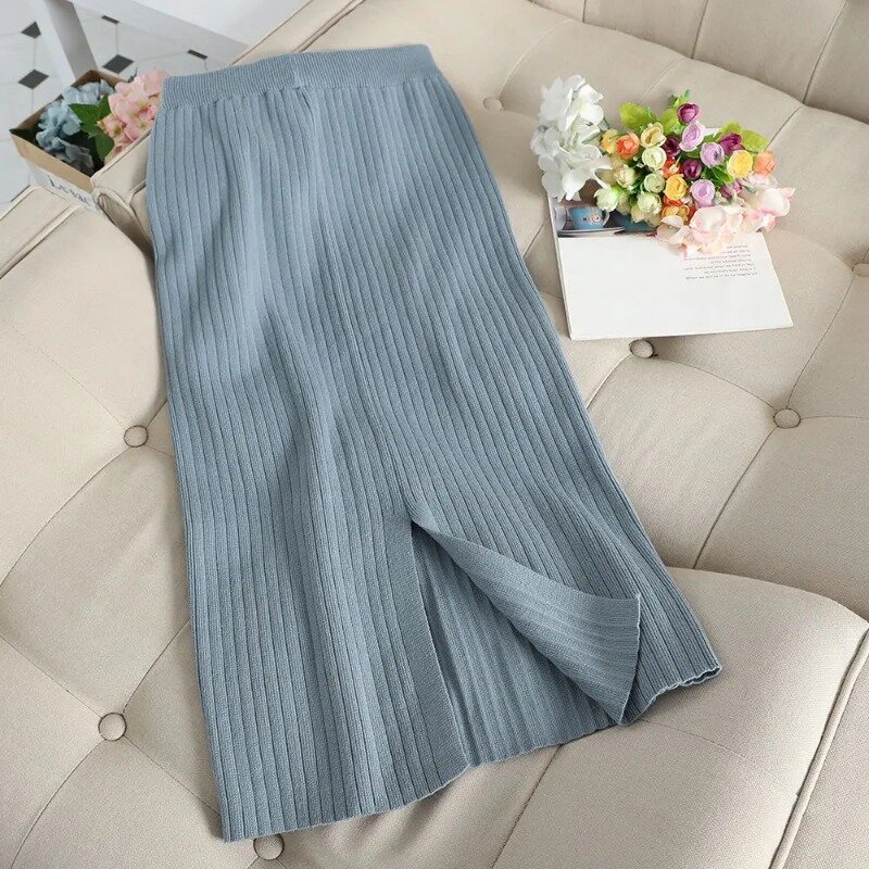 Korea Popular Autumn Style Pleated Stitched Knit Shirt Buttock Wrapped Wool Skirt Two-piece Set Elegant Women's Skirt Suit N446