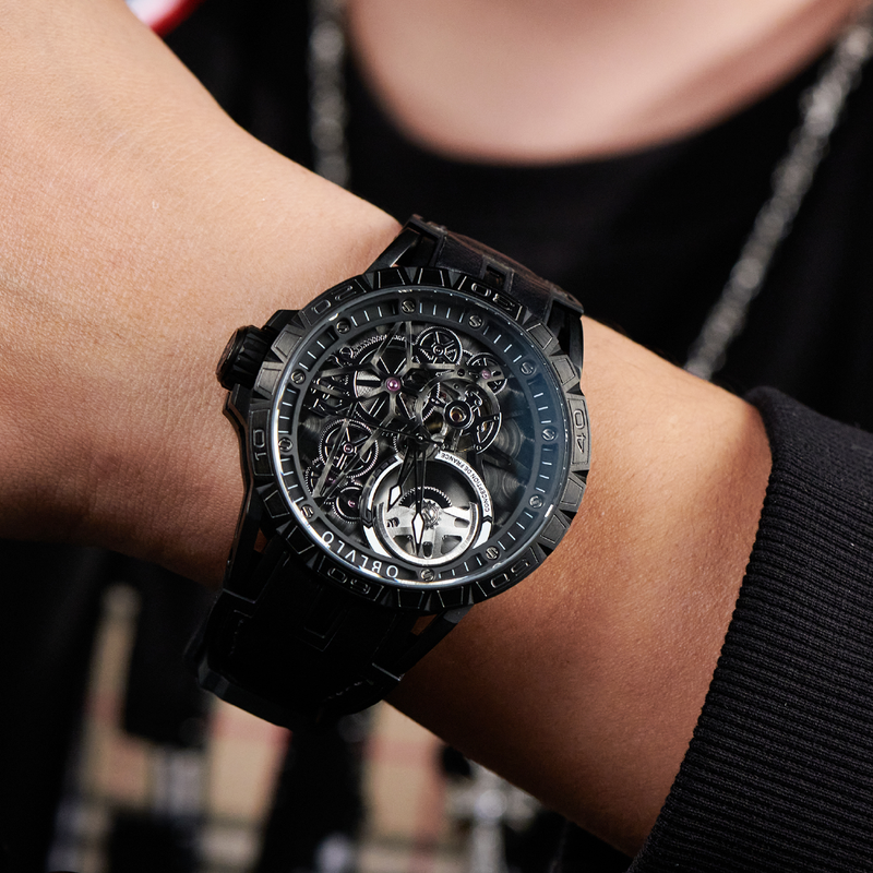 Автоматические механические мужские часы-скелетоны бренда OBLVLO, черные спортивные часы с резиновым ремешком, сапфировым и водонепроницаемым ремешком, LM