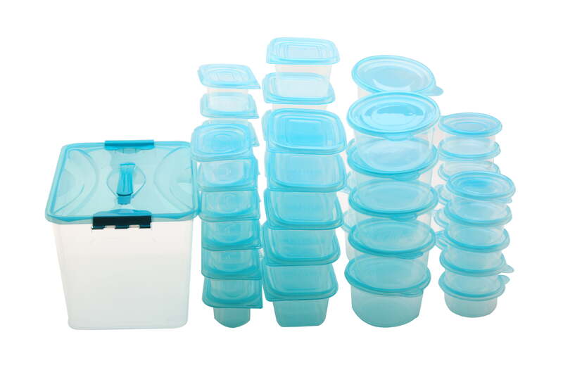 Mainstays Juego de contenedores de plástico para almacenamiento de alimentos, contenedores transparentes, tapas azules transparentes, 92 piezas