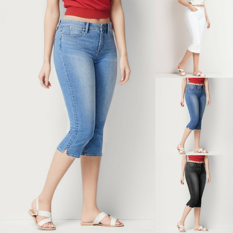 Celana Denim Jeans wanita, celana Denim betis Jeans tinggi regang panjang pinggang ramping
