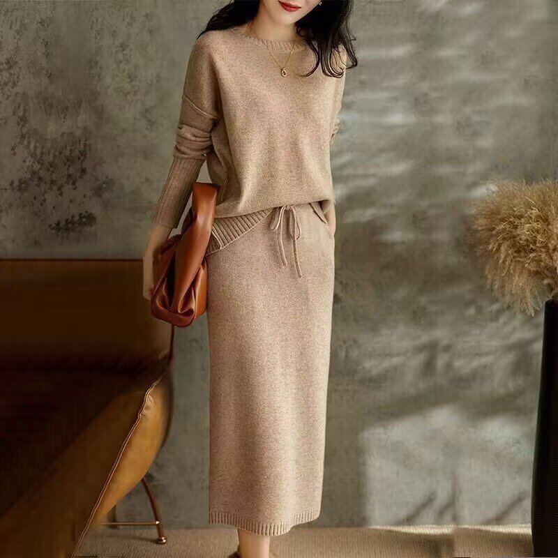 Korean Fashion Two Piece Sets Womens Outifits Solid Knitted Sweater Dress Sets Loose Pullover Sweater Skirt Sets Womens Clothing