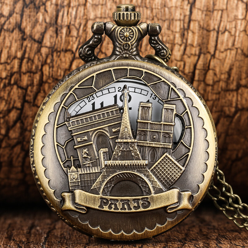 Reloj de bolsillo de cuarzo hueco de bronce Retro, reloj de constelación, Steampunk, Torre Eiffel, colgante, cadena, punto escénico, regalo de recuerdo