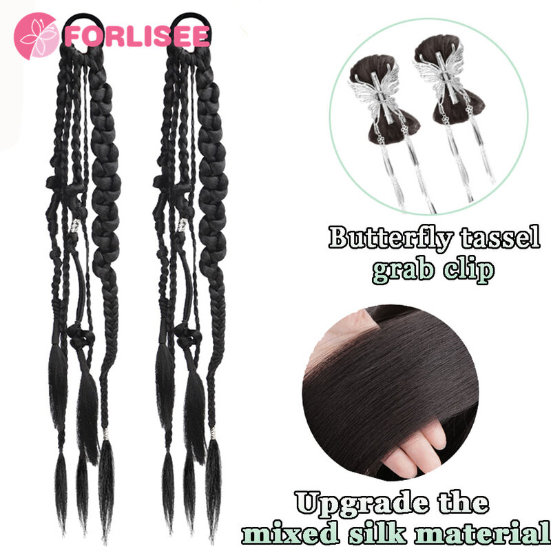 FORLISEE Wig Ponytail Female New Chinese Style Butterfly Twist Braid Boxing Braid Sweet And Cool Twist Long Braid Wig Ponytail