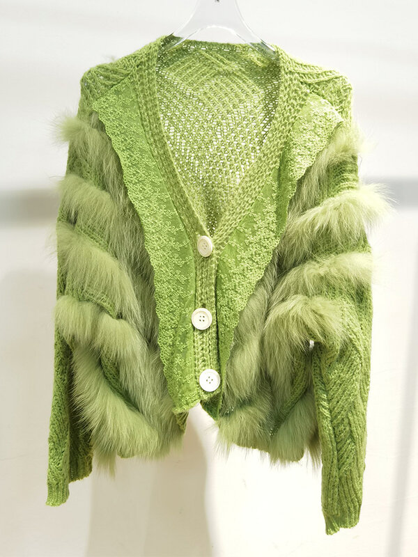 Новое поступление, весенний тонкий женский модный свитер оверсайз из натурального Лисьего меха, свободный осенний зеленый вязаный свитер из натурального меха