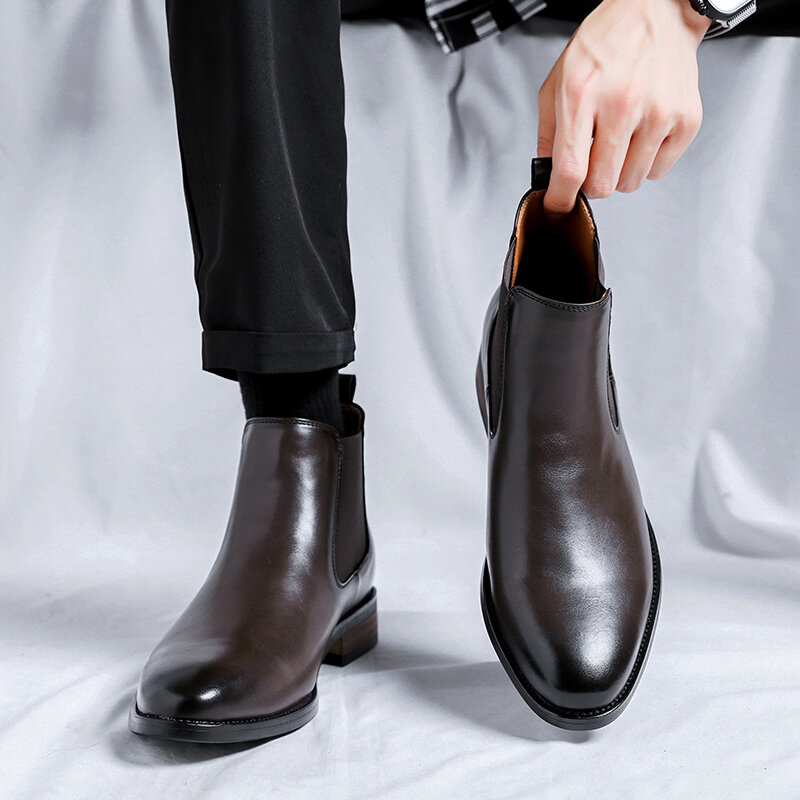 Мужские ботинки челси с острым носком, официальные туфли, деловые Костюмные туфли для конференций в британском стиле, простые ботильоны