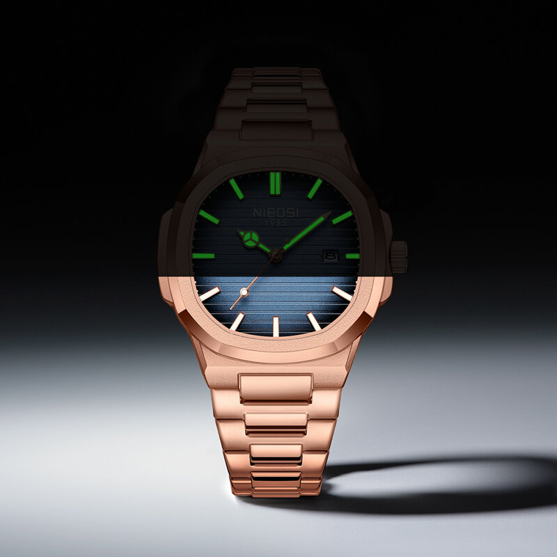 NIBOSI moda różowe złoto niebieski kwadratowy zegarek kwarcowy mężczyźni stal nierdzewna wodoodporna świecąca data luksusowe zegarki Relogio Masculino