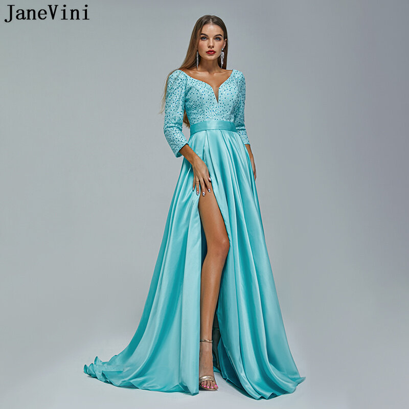 JaneVini – robe de soirée en Satin bleu, élégante, dentelle perlée, manches longues, Sexy, fente haute, col en v, robes de bal