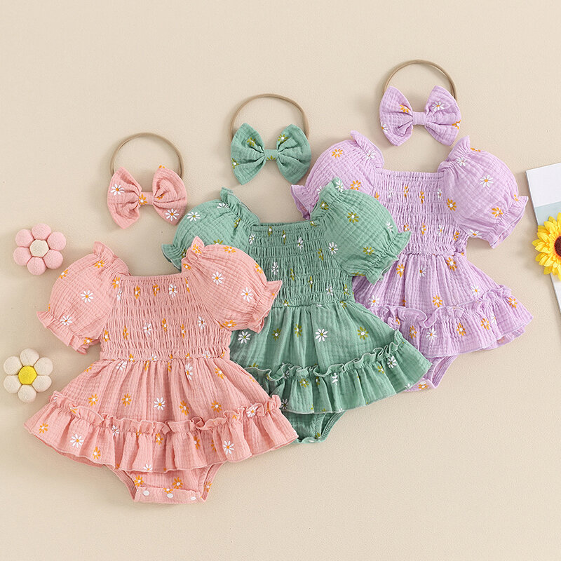 Liora itiin Baby Mädchen Stram pler Kleid Gänseblümchen Print Kurzarm Overall mit niedlichen Stirnband Set Sommerkleid ung Outfits 0-18 Monate