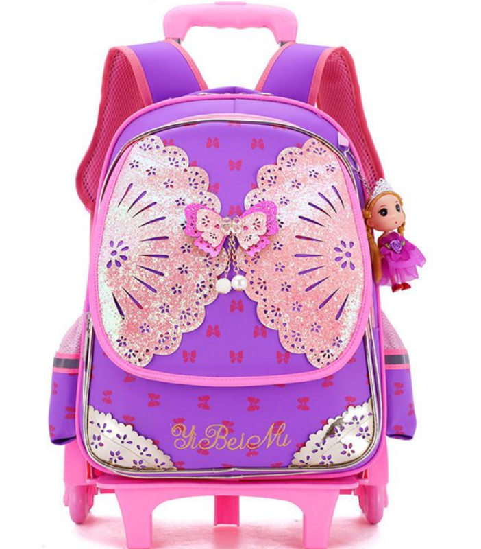 女の子のための学校のトロリーバッグ,車輪付きのランドセル,合成皮革,6輪,車輪付き