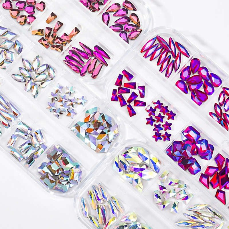 3D Nail Art Rhinestones 12Gird Box  Multi Color AB Mixed Size DIY Flatback Crystal Gems 3D Glitter  Luxurious Nail Decorations
