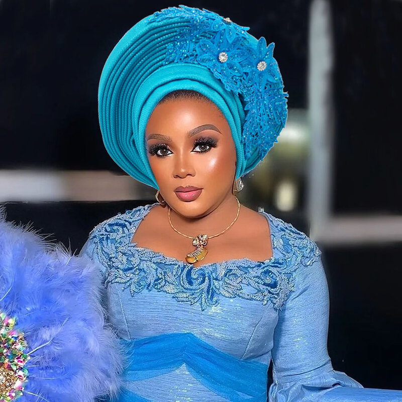Elegancka afrykańska Autogele damska czapka Turban Nigeria ślubna Gele gotowa do noszenia z haftowanym koronkowym ozdoby do włosów imprezowe