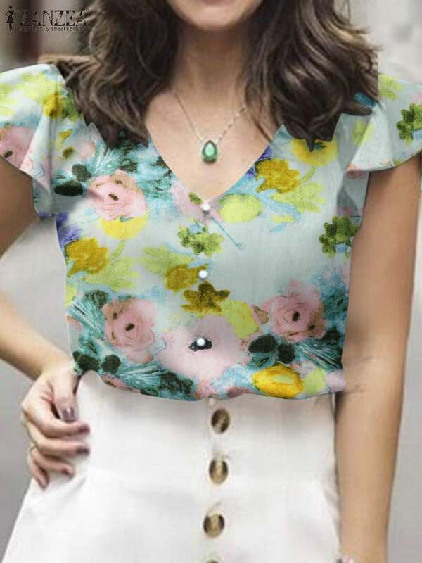 ZANZEA-Blusa estampada floral boêmia feminina, tops elegantes de manga curta, camisa casual com gola V, festa de trabalho elegante, verão