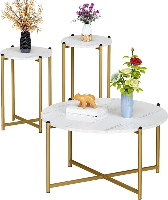 Mesa de café redonda moderna, conjunto de 3, mesa final 2pcs, mesa de mármore falso, moldura de ouro, moderno