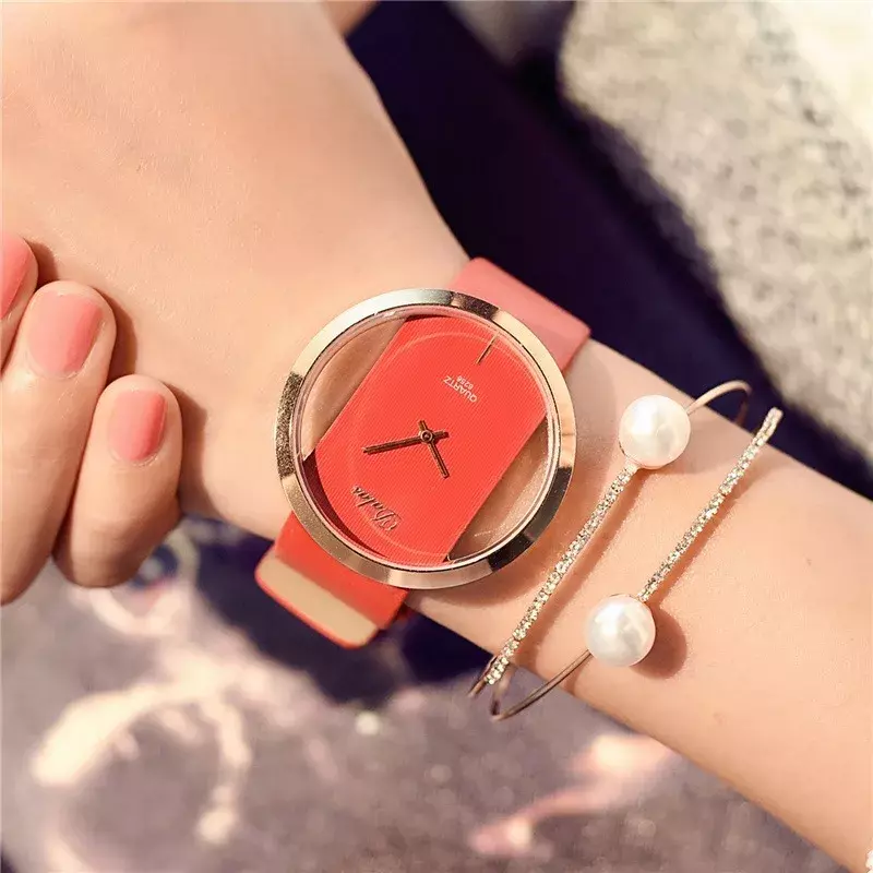นาฬิกาข้อมือสุดหรูสำหรับผู้หญิงสายหนังสุดหรูดูหนังโครงกระดูกนาฬิกาลำลองควอตซ์สแตนเลสสตีล