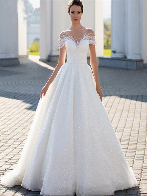 Gaun pernikahan bahu terbuka berkilau untuk pengantin gaun pengantin A-Line renda berkilau elegan jubah lipit ilusi gaun pengantin wanita