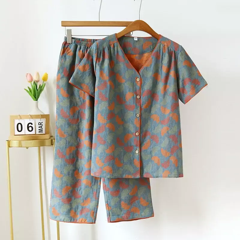 2024 весенне-летний новый женский пижамный комплект, 100% хлопок, короткий рукав + капри, комплект из двух предметов для больших цветов, тонкая домашняя одежда