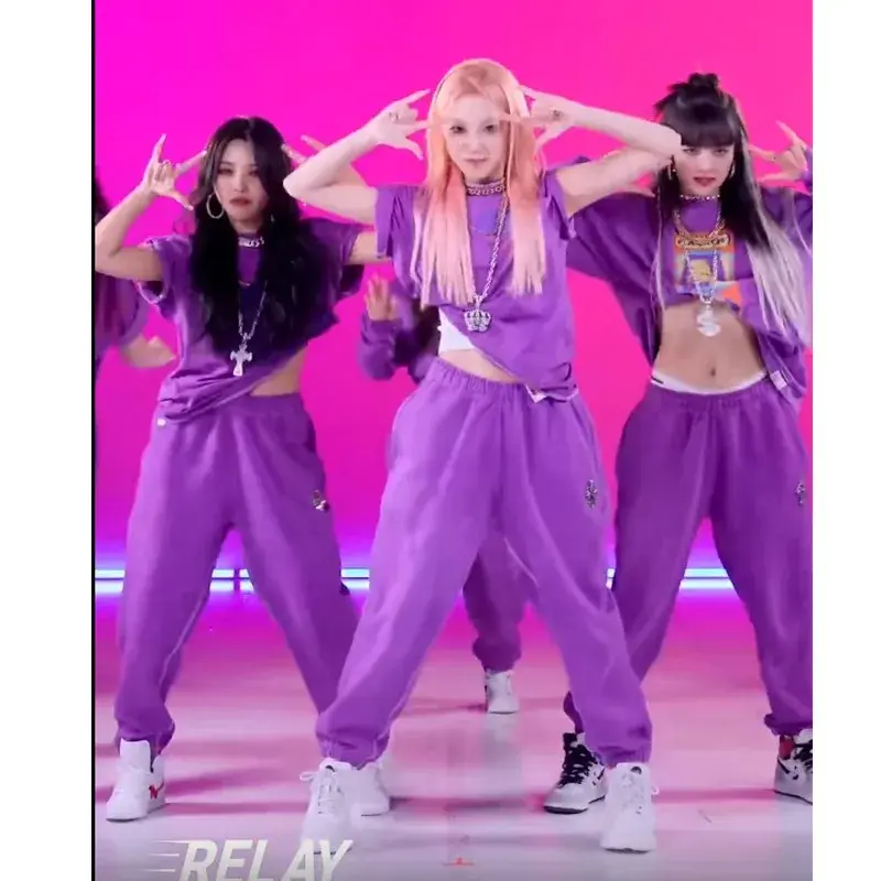 Korean Singer Group Jazz Dance Costume Hip Hop Clothes Women Purple Tops Pants Loose Practice Wear Kpop Performance Suit JL5906