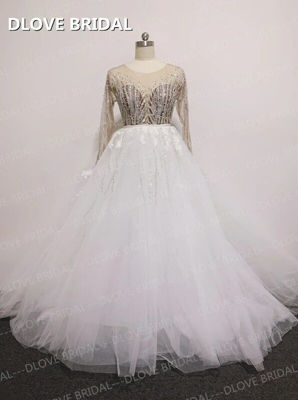 Роскошное свадебное платье-Русалка «Два в одном», съемная юбка, свадебное платье, высококачественные платья из бисера и кружева с длинным рукавом, реальные фотографии