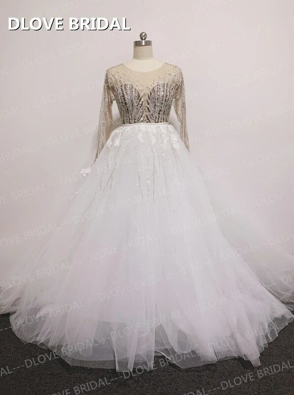 Robe de mariée sirène deux en un de luxe, jupe amovible, robe de patients, dentelle perlée, manches longues, poignées, haute qualité, vraies photos