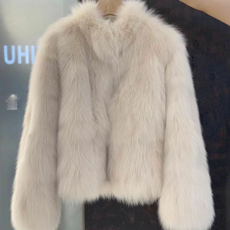 Casaco curto peludo de pele sintética para mulheres, casaco grosso quente de imitação de pele de raposa, moda coreana, inverno