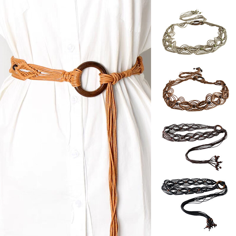 Tessitura cinture scavate per le donne vestito da donna cintura in vita perline Bohe corda in vita femminile fibbia in legno rotonda cintura in vita intrecciata