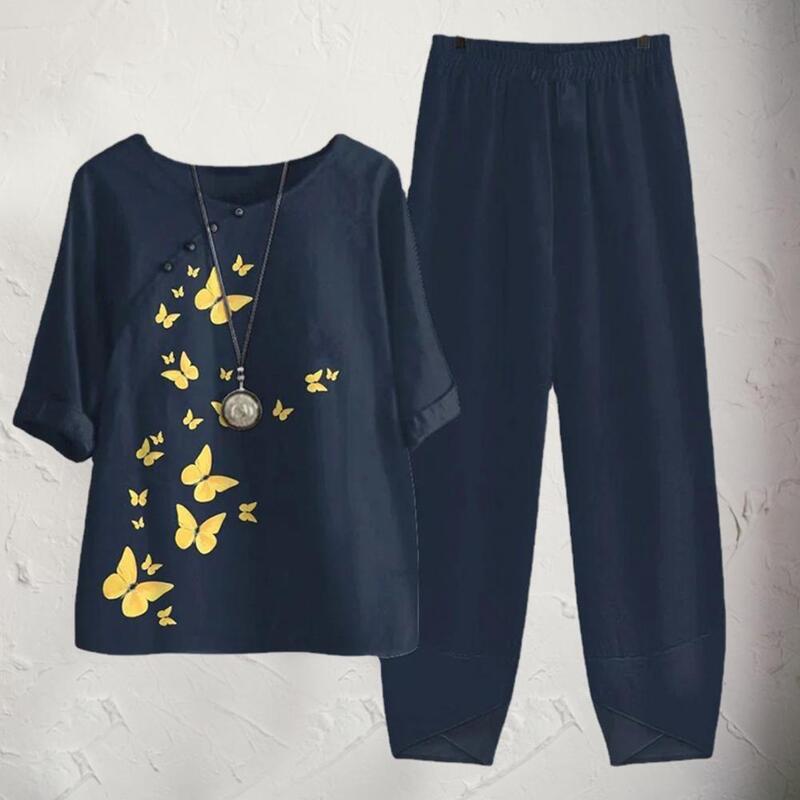 2Pcs/Set Shirt Pants Set Half Sleeves Round Neck Butterfly Print Shirt Elastic Waist Straight Leg Trousers Casual Lady Outfits