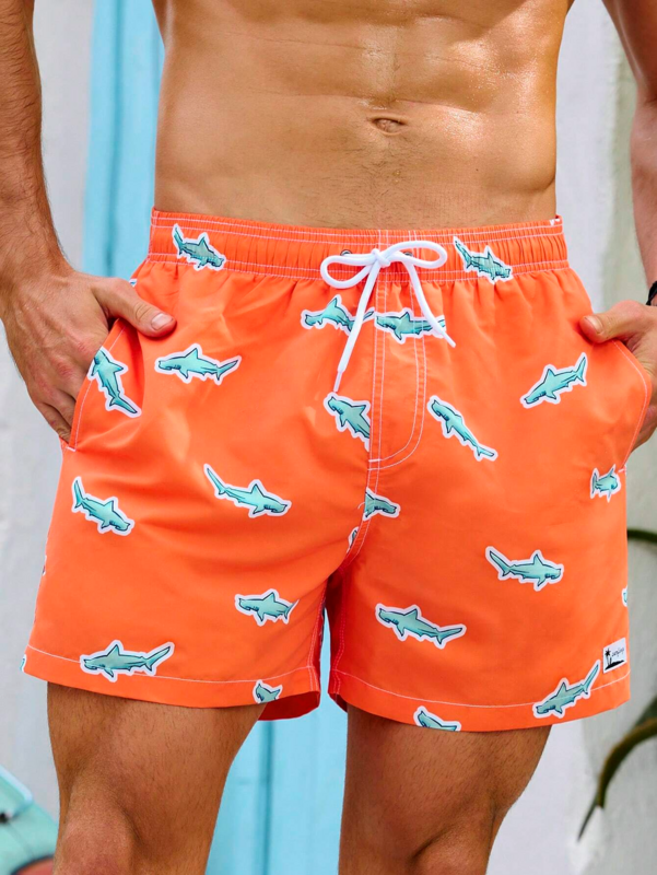 Shorts de praia com cordão estampado tubarão, calção de natação masculino, estampa 3d, streetwear curto respirável, poliéster, férias de verão