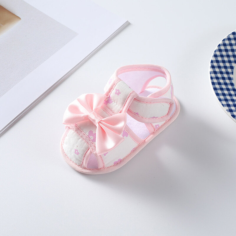 Zapatos con estampado Floral para bebé y niña, calzado con lazo grande recortado, suela suave, informal, de verano