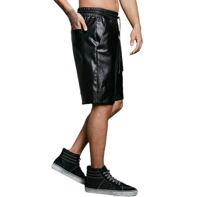 Szeroko nogawkowe szorty męski sznurek ze sztucznej skóry spodenki z kieszeniami szerokie nogawki Streetwear szorty na lato dla mężczyzn elastyczna talia solidna
