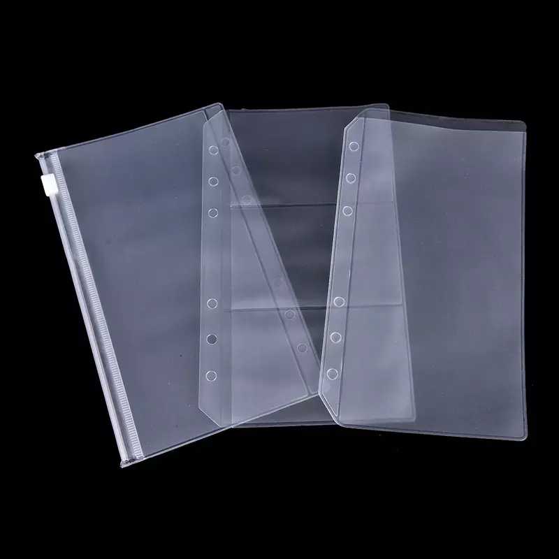PVC Transparente Zip Lock Envelope, 6 Buracos Binder Bolso, Organizador De Recarga, Papelaria, A5, A6, 1Pc