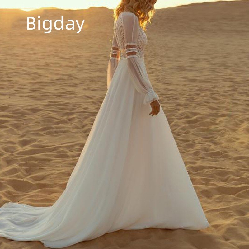 Vestido de noiva boêmio linha A feminino, renda branca, manga comprida, costas ilusionistas, vestido de noiva de chiffon, trem, 2024