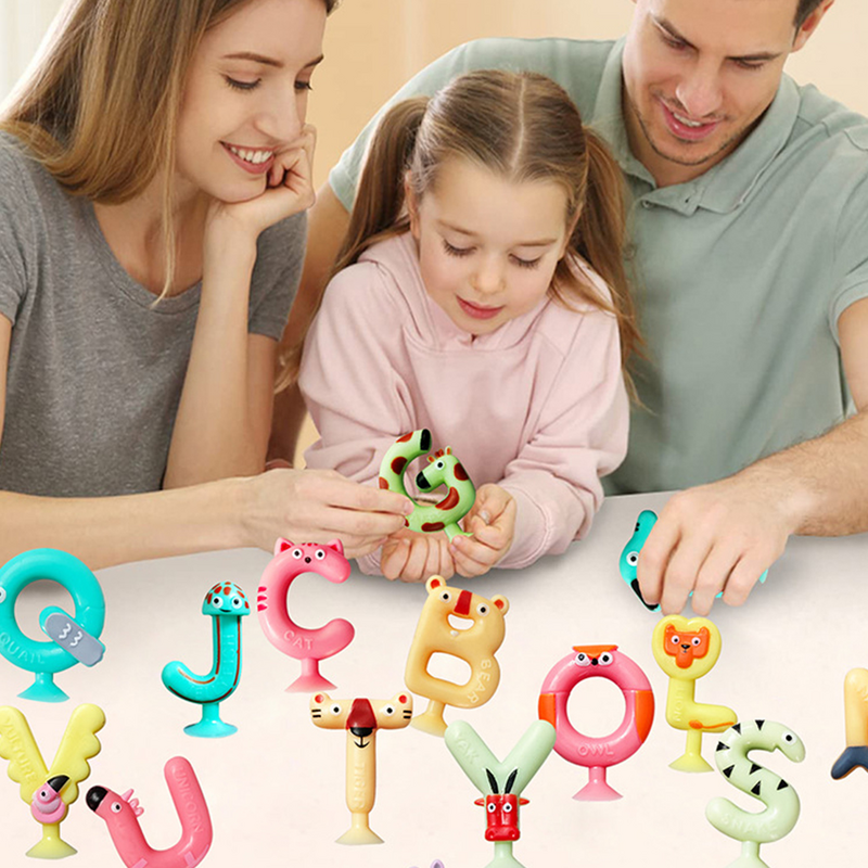 Juguetes de baño con ventosa para bebé, juego familiar para niños, letras, Gel de sílice, escritura de palabras, 26 piezas