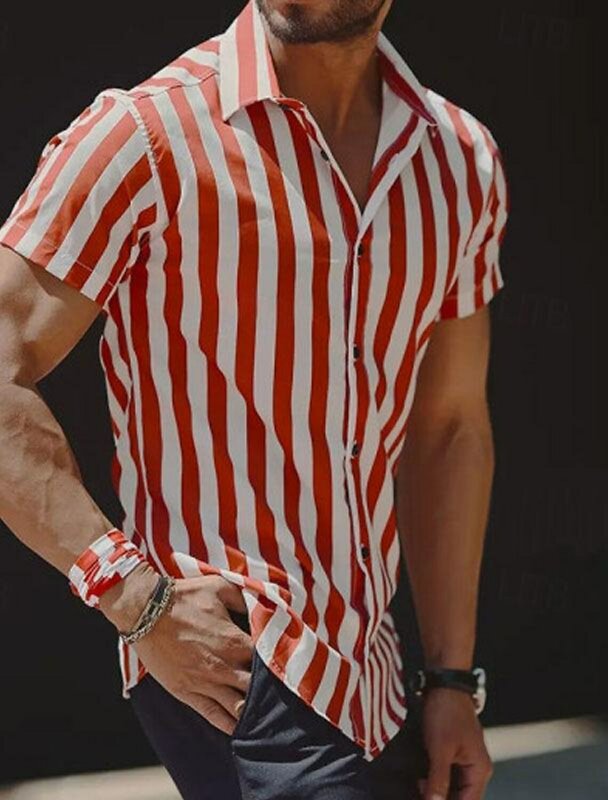 Men's Shirt Button Up Shirt Casual Shirt Summer Beach Shirt Short Sleeve Striped Turndown 100 % polyster Clothing Comfortable