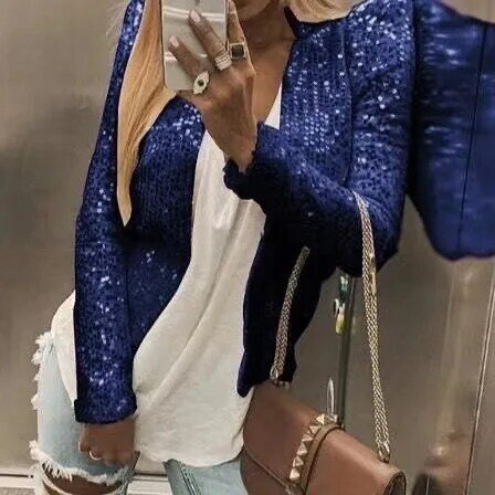 Jaket Payet Fashion 2020 Mantel Pendek Lengan Panjang Glitter Wanita Pakaian Luar Musim Semi Elegan Jaket Streetwear Solid Wanita Kantor