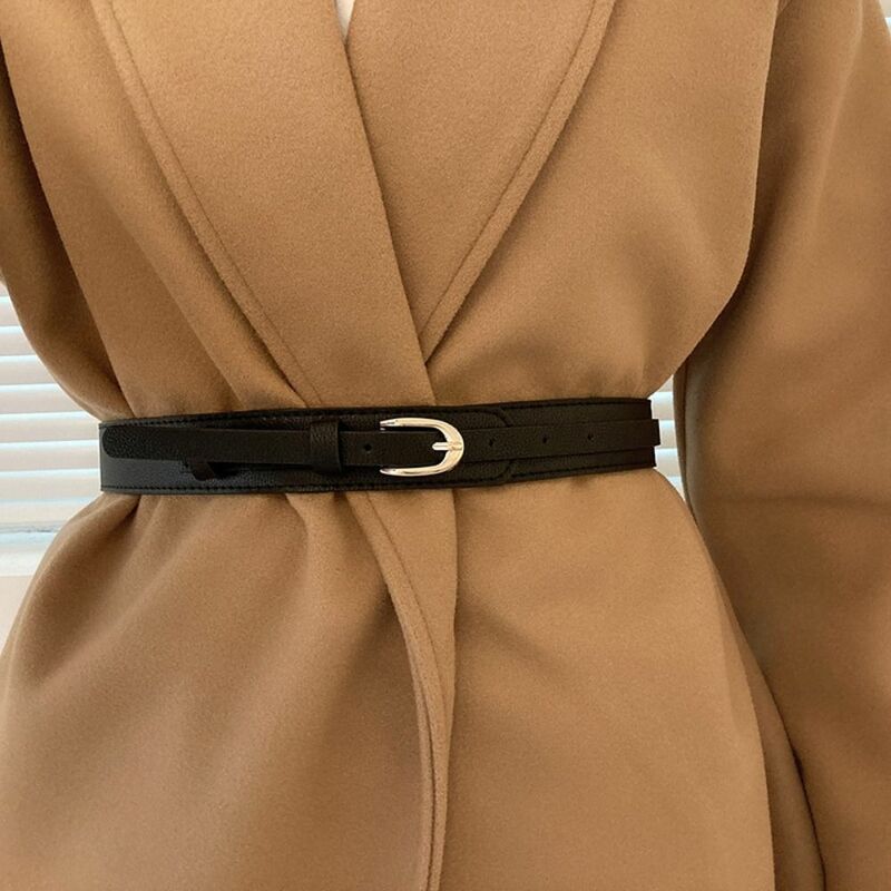 Cinto de couro PU feminino, fivela de metal café, cós decorativo preto, cintas de cintura magras, casaco fashion