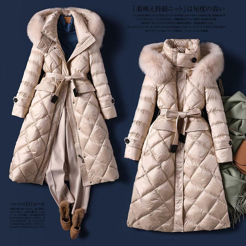 Jaqueta de pescoço grande com temperamento médio longo estilo, casaco de pato branco espesso, cintura sobre o joelho, novo, inverno, 2023