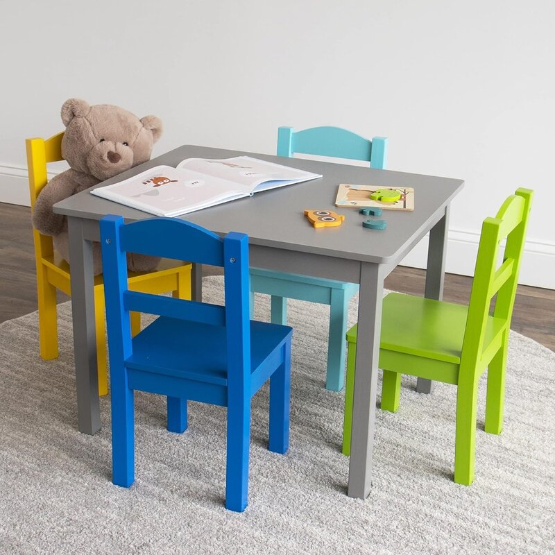 ชุดโต๊ะและเก้าอี้ไม้สำหรับเด็ก (รวมเก้าอี้4ตัว)-เหมาะสำหรับงานศิลปะและงานฝีมือเวลาทานอาหารว่างโฮมสกูลสีเทา/น้ำเงิน/เขียว/เหลือง