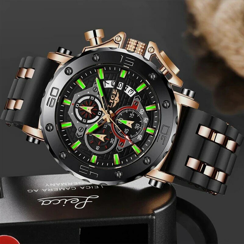 LIGE Luxury Casual Sport Watch Top Brand Creative Chronograph Silicone Strap Date Luminous Waterproof Big Men Watches Male Clock