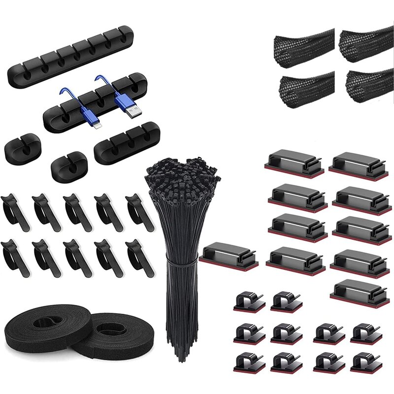 141Pcs Cord Management Organizer Kit 4 Cable Sleeve Split,25 Self Adhesive Cable Clip Holder, For TV Office Home Etc