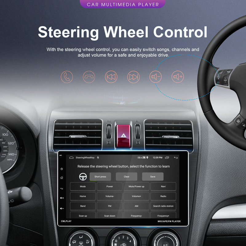 Podofo-Carplay multimídia automotivo, rádio de carro Android, auto WiFi, navegação GPS, sistema de carro inteligente, 1Din, 9 ", 2 + 64G
