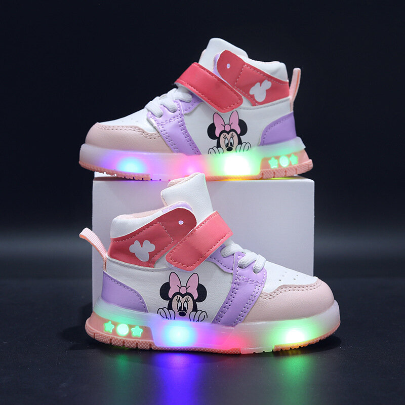 Disney-zapatos de cuero sintético para niña, zapatillas luminosas LED de Mickey Mouse, deportivas informales para niños de 1 a 6 años