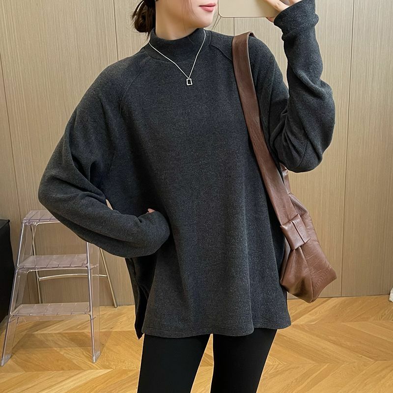 Moda colletto alla coreana sciolto t-Shirt tinta unita coreana abbigliamento donna 2023 inverno oversize Casual top pendolare Tee Shirt